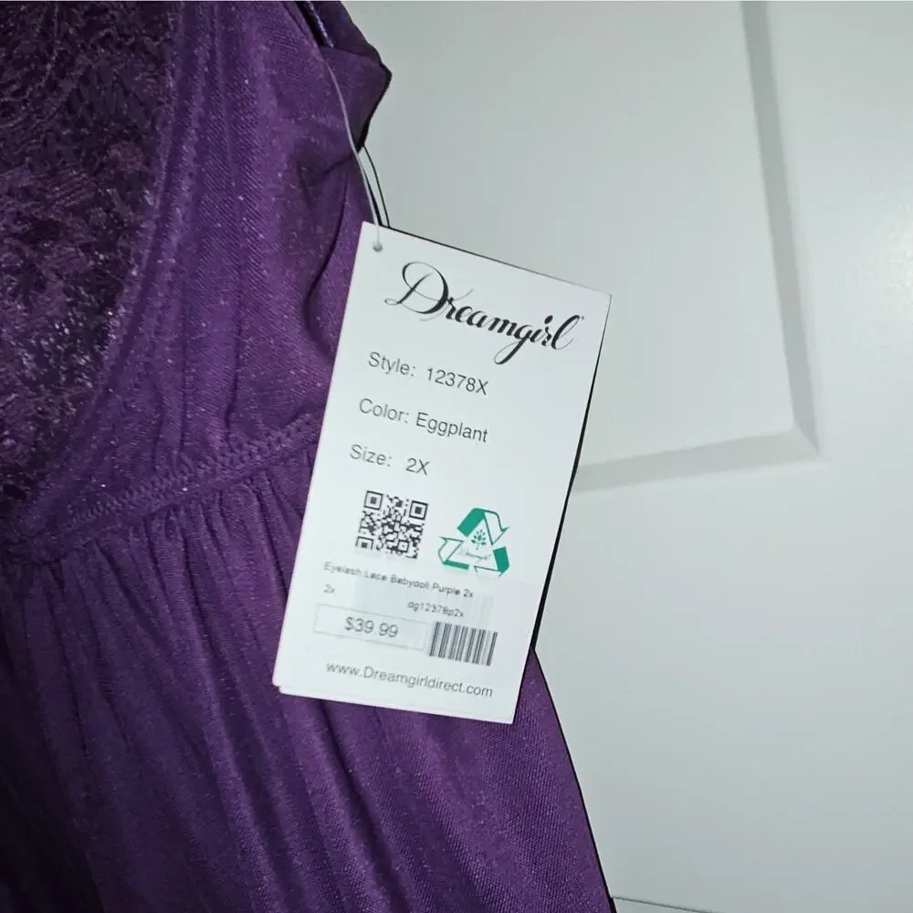 Dreamgirl Purple Lace Mesh Babydoll One Piece Adjustable Straps 2X 12378X
